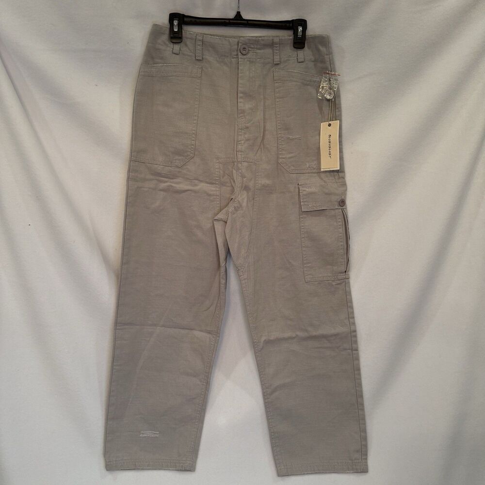 Bluevelvet Women Light Grey Utility Cargo Pants Distressed Ripstop Straight LG